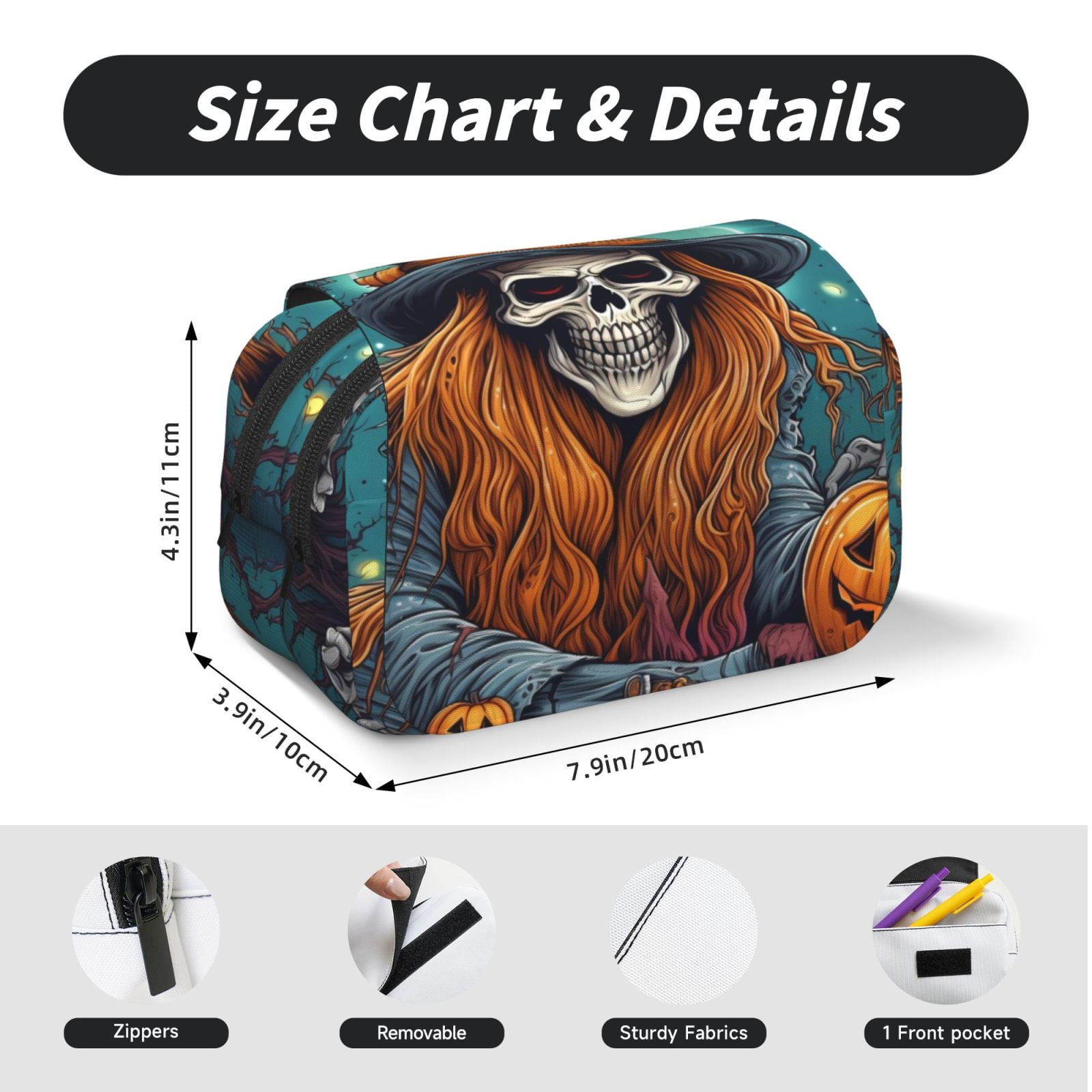 Rateoe Cartoon Pumpkin Skull Pattern Double Clamshell Pen Case, Storage Organizer with Two Zipper Compartments– Holds Up to 50 Pencils & Pens