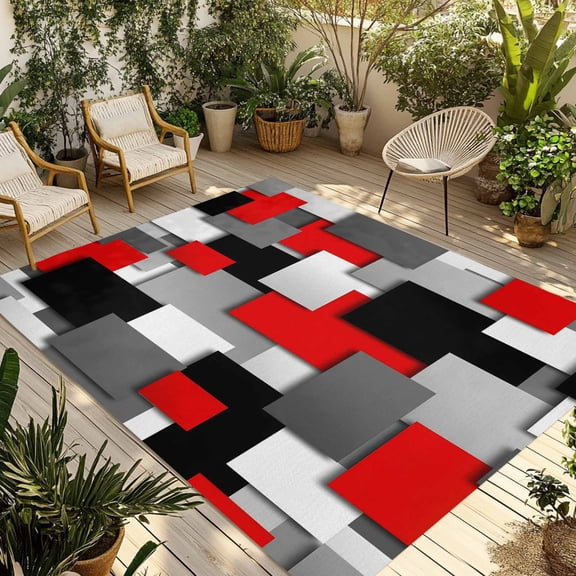 Red Black Geometric Outdoor Rug for Patio/Deck/Porch, Non-Slip Large Area Rug 4 x 6 Ft, Modern Abstract Art Block Indoor Outdoor Rugs Washable Area Rugs, Reversible Camping Rug Carpet Runner