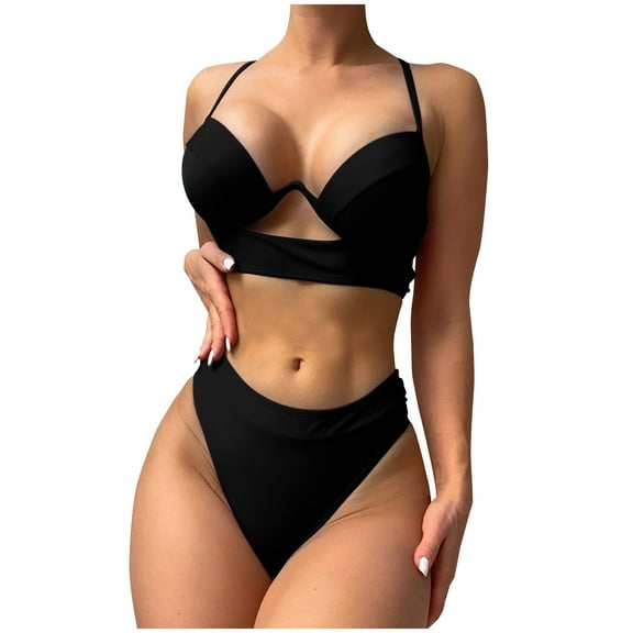 Lovskoo Two Piece Swimsuit for Women Sleeveless Solid Color Hollow Out Swim Suits for Women 2024 Black L