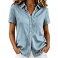 thumbnail image 3 of ClodeEU Women's Collared Short Sleeve Button Down Shirt,Casual Loose Fit Blouse Light Blue,Women's Plus L, 3 of 7