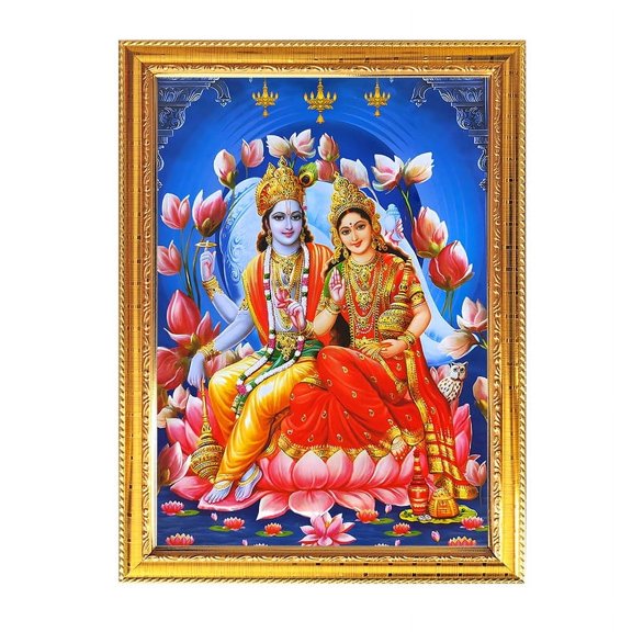 Lord Vishnu Lakshmi Religious Photo Puja Room Temple Wall Hanging Gift Home Decor With Golden Frame For Worship 8.6 X 11