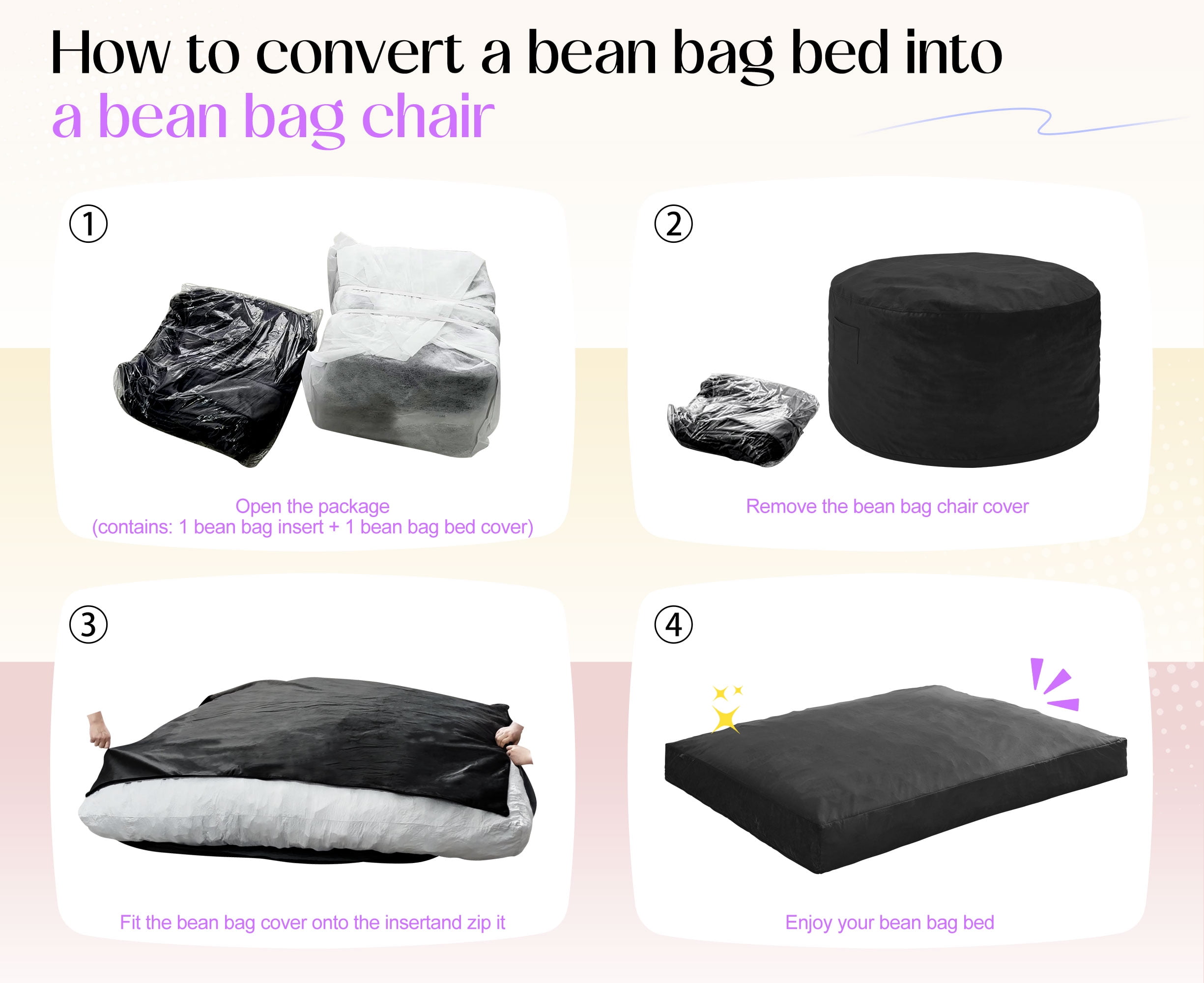 Hobestluk Bean Bag Chair 3 in 1 Beanbag Chairs for Adults, Large Bean Bags with Removable Velvet Cover, Convertible Adult Bean Bag Chair for Living Room, Bedroom, Playroom (Black, Queen)