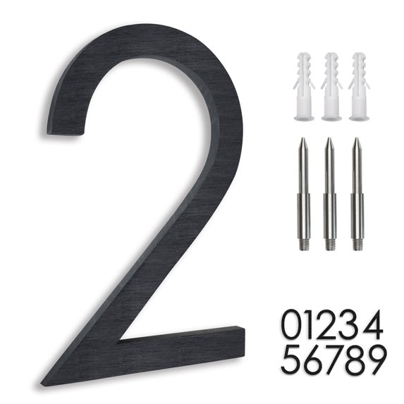 8" Address Numbers For House,Modern House Numbers Large Black Exterior Street Metal floating house numbers for outside Floating Mount Or Flush Mount Aluminum Home Door Number 2