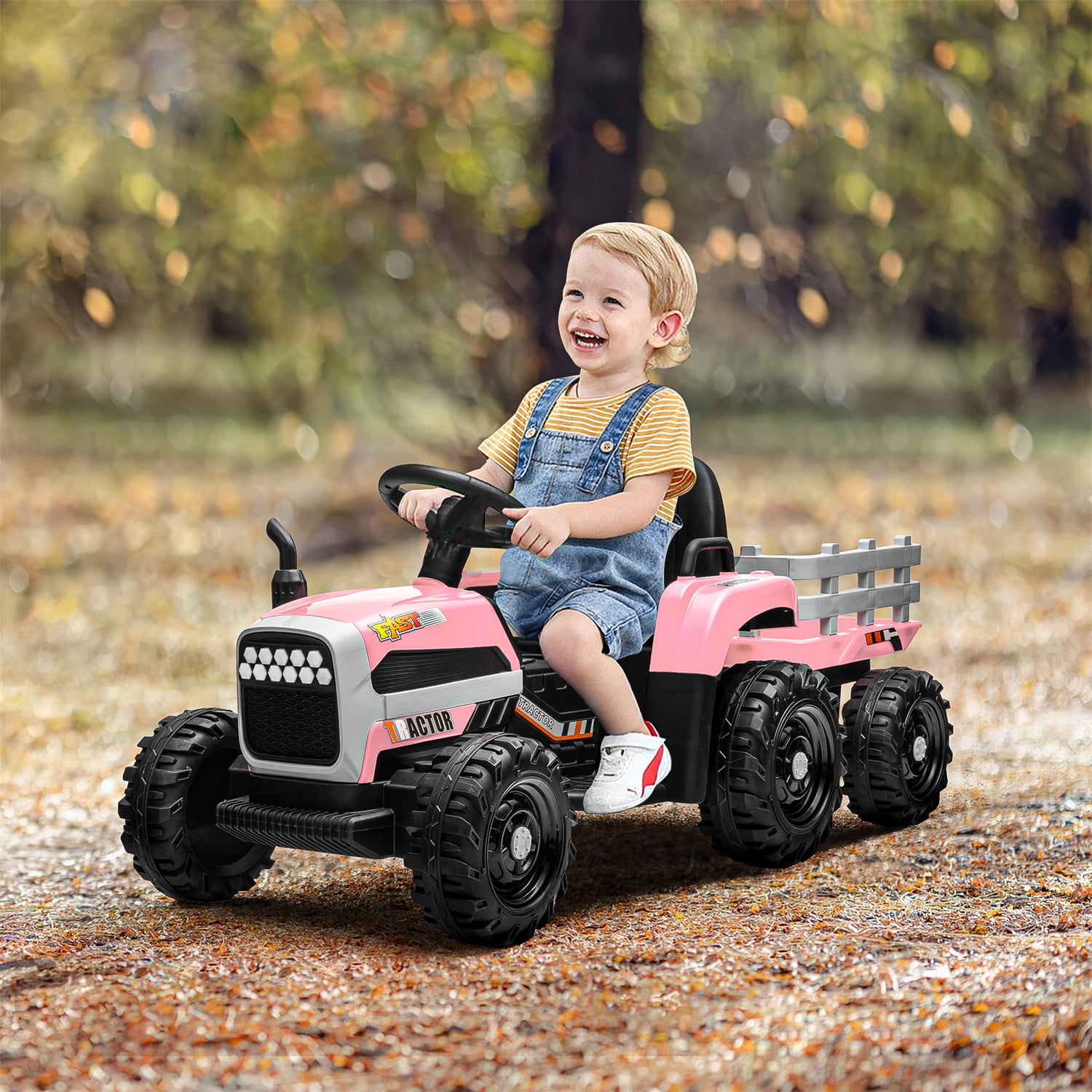 CIPACHO 12V Electric Tractor Toy with Trailer, Ground Loader Ride On for Kids with 3-Gear-Shift, Pink