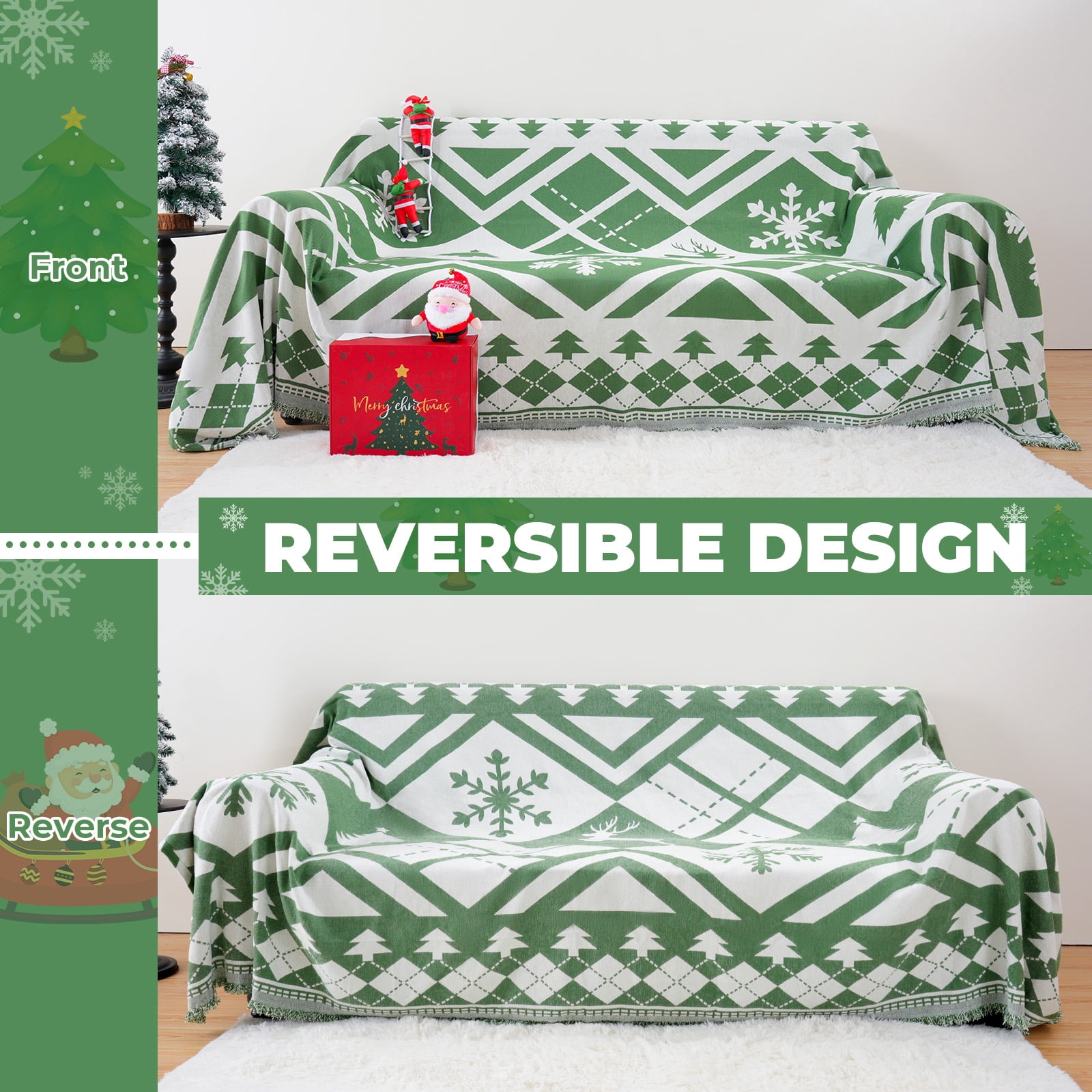 Sanmadrola Boho Sofa Cover Chenille Couch Covers Blanket Furniture Protector for Sectional Sofa, Anti Slip Couch Covers for 2 Cushion Couch, Washable Slipcover for Dog (Xmas Green, 71"x102")