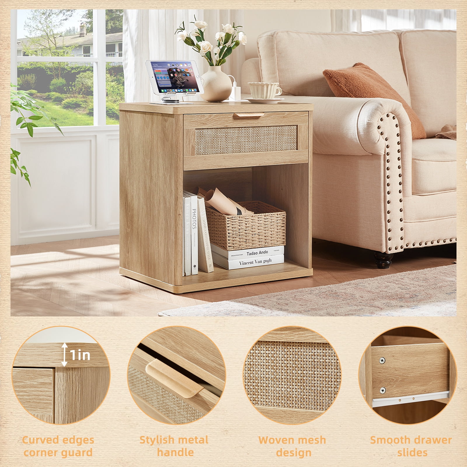 LELELINKY Rattan Nightstand with Charging Station, 23" Wide Boho Bedside Table with Drawer and Shelf for Bedroom, Living Room, Wood
