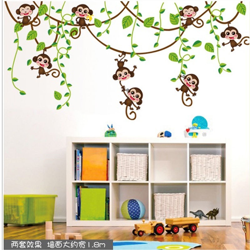 Removable Wall Decal Funny Monkey Hanging from Tree and Holding Banana Jungle Animals Theme Mascot Print 3D Wall Stickers Self Adhesive for Washroom Bathroom Shower Room Decors W8xH11 INCH
