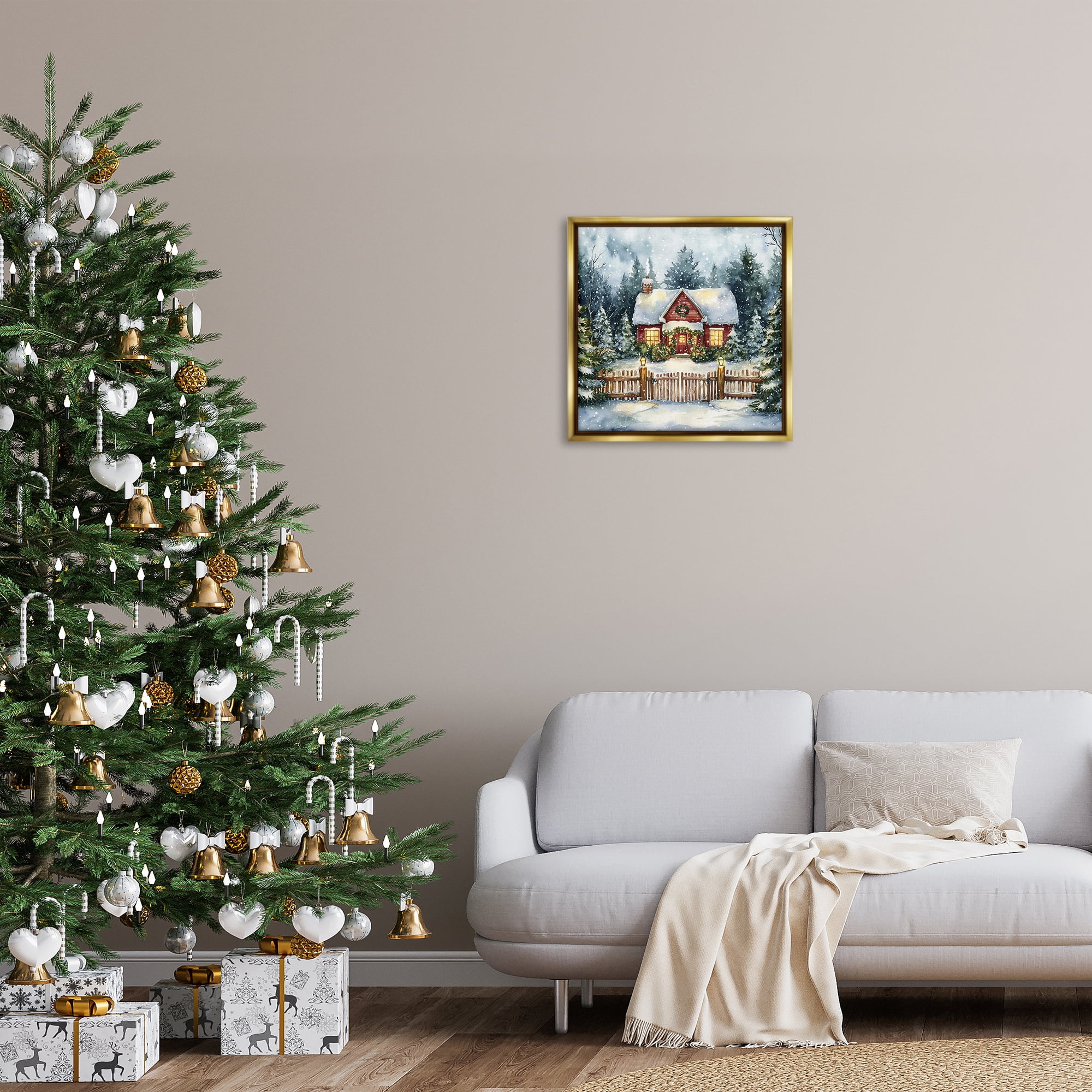 Stupell Industries Scenic Winter Cottage Holiday Painting Gold Floater Framed Canvas Art Prints Wall Art, 25 x 25