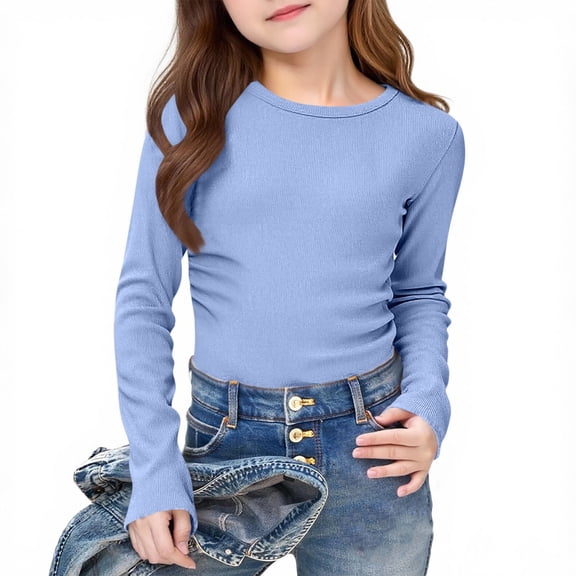 CLOISE Kids Girls Boys Long Sleeve Tee Shirts Tops Crewneck Casual Pullover Ribbed Knit Solid Color Blouses Blue 5-6T