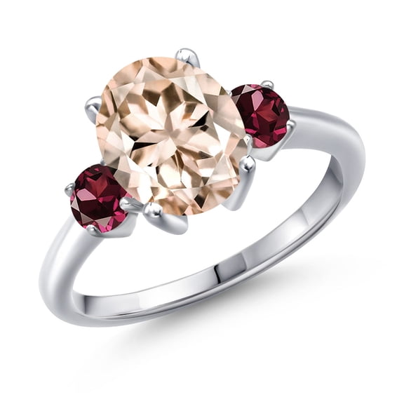 Gem Stone King 2.74 Ct Oval Peach Morganite Red Rhodolite Garnet 925 Sterling Silver Ring (Size 9)