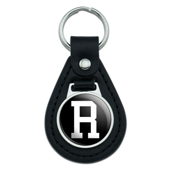 Letter R Initial Black White Black Leather Keychain