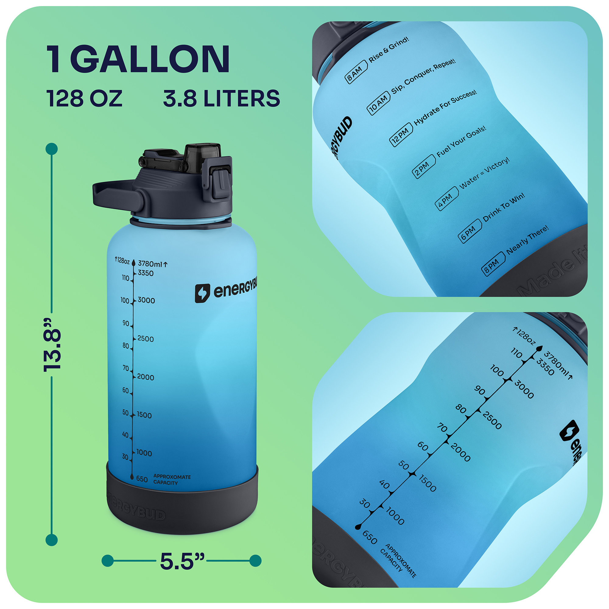 EnergyBud 1 Gallon Water Bottle with Straw and Handle, Large Motivational 128 oz BPA-Free Leakproof Water Jug with Strap and Time Marker for Fitness, Gym, Outdoor, and Daily Hydration