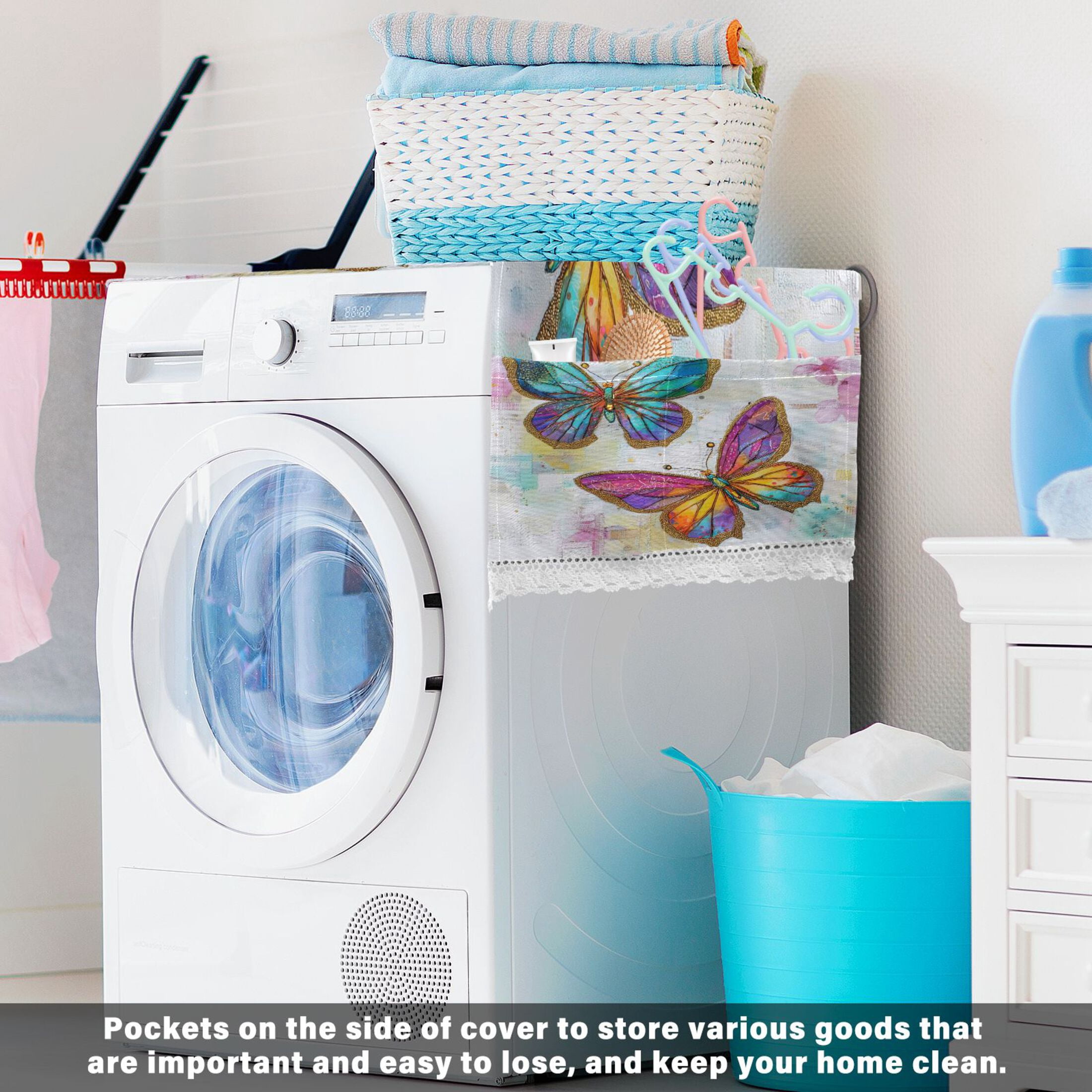 Washing Machine Cover 51.2x22in, Durable Polyester Dust Cover with Lace Trim and Side Pocket for Appliances Artistic Butterfly