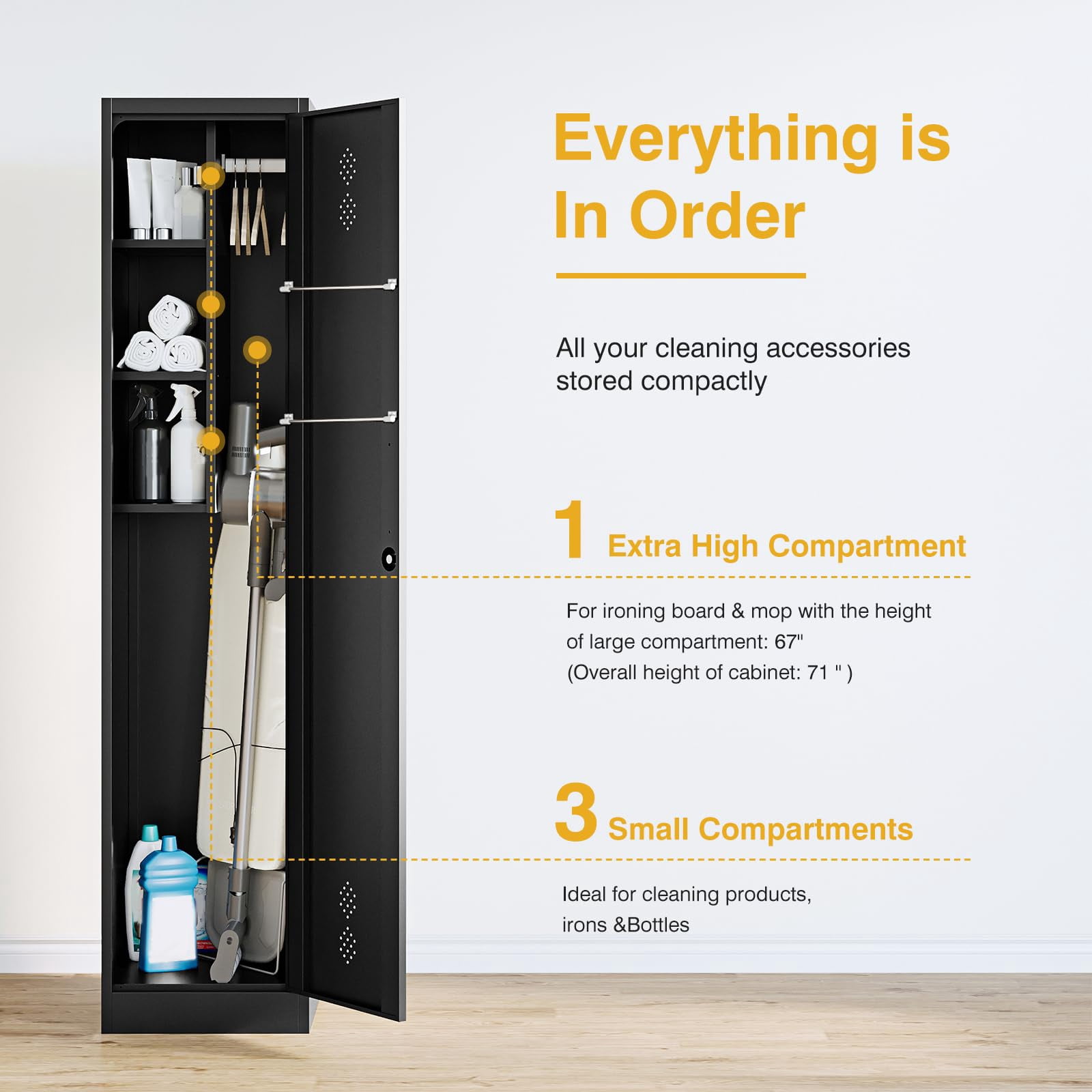 STANI Broom Closet Storage Cabinet Metal Cleaning Tool Cabinet Janitorial Utility Cabinet Cleaning Supplies with Locking Door Broom Rack Shelf for Broom Mops Garage Storage 71" Black