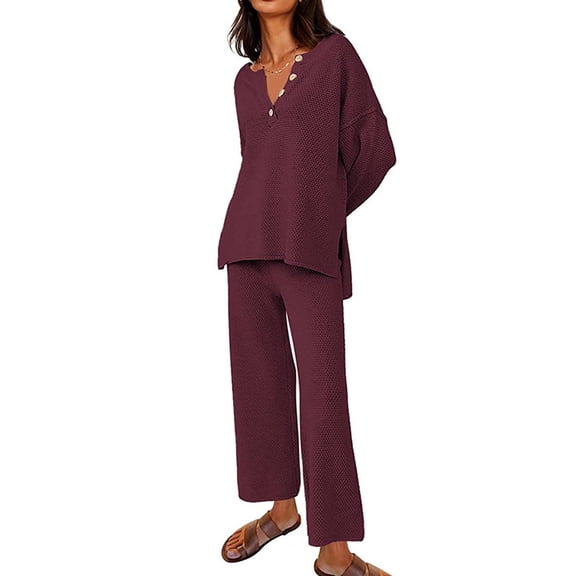 DDAPJ pyju 2 Piece Fall Outfits for Women 2023 Trendy,Waffle Knit Pajama Sets Long Sleeve Side Slit Button Blouse and Wide Leg Pants Matching Lounge Set Loose Comfy Loungewear