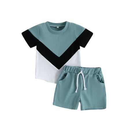 

Baby Boy Summer Shirt Pants Suit 3M 6M 12M 18M 24M 3Y 4Y Short Sleeve Round Neck Patch Color Tops Short Drawstring Baby Boy Set