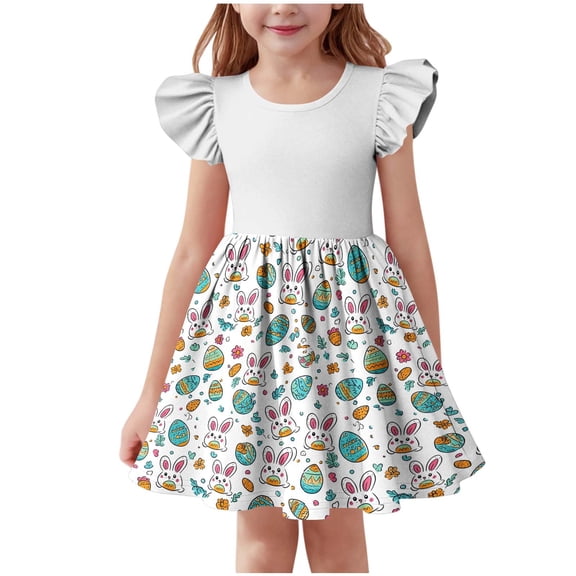 Girls Easter Dress 2026 Bunny & Egg Print Ruffle Sleeve A-Line Casual Party Dress Multicolor for Girls,Size 13-14 T