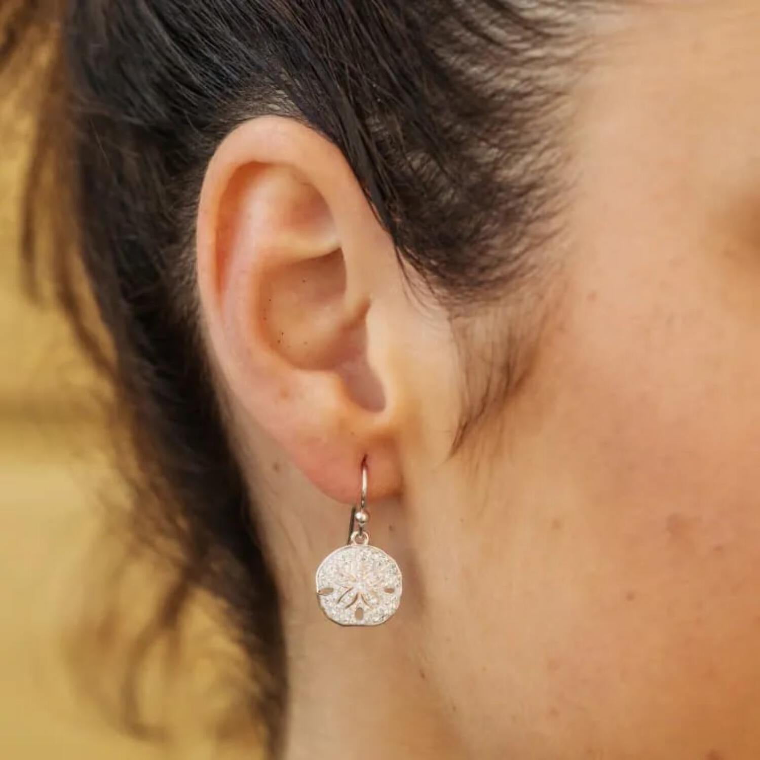 Sterling Silver Sand Dollar Drop Earrings with Clear Crystals