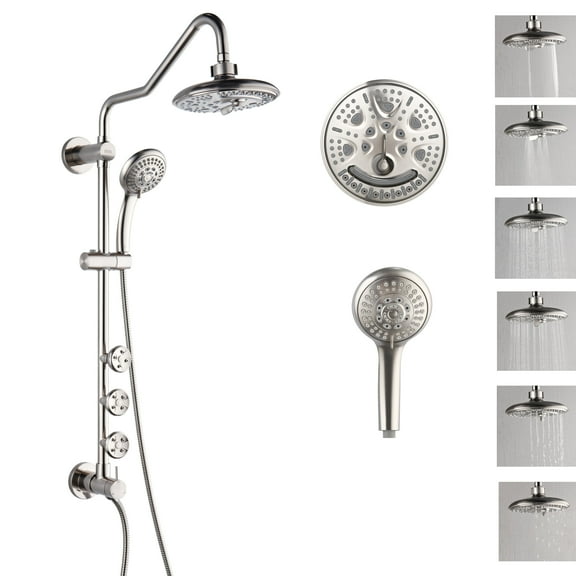 FORNO ACQUA Shower System 6-Mode Shower Head, 5-Mode Handheld & 3 Adjustable Body Jets. Brushed Nickel 2.5 GPM