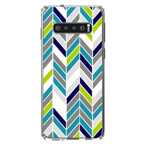 DistinctInk Clear Shockproof Hybrid Case for Samsung Galaxy S10  PLUS(6.4" Screen) - TPU Bumper, Acrylic Back, Tempered Glass Screen Protector - Teal Navy Grey Herringbone