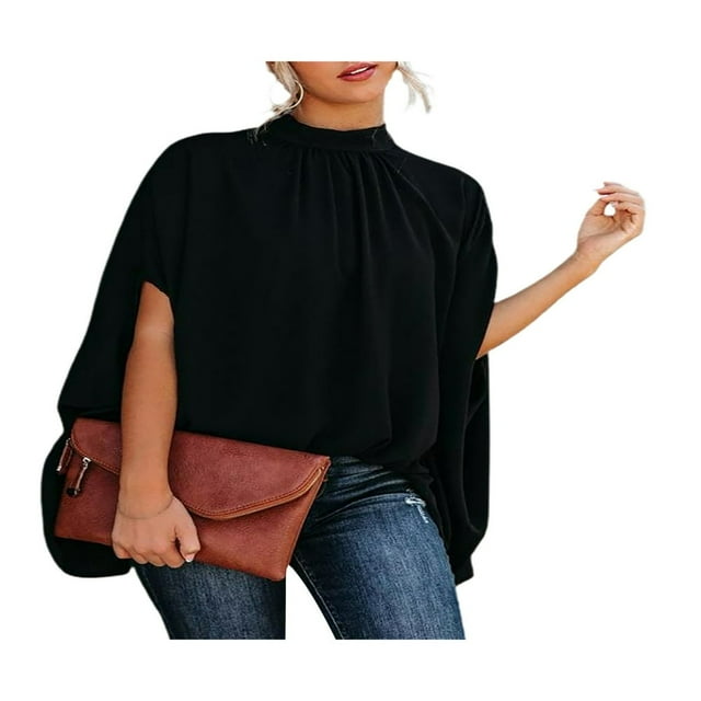 EIMELI Blouse d'Été pour Femmes Manches Chauve-Souris Imprimé Uni Col Montant