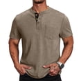 thumbnail image 2 of Men's Henley Shirts Short Sleeve Button Cotton Tee with Chest Pocket, Casual Summer Lightweight Classic T-Shirt Tops ,3XL,Khaki, 2 of 6