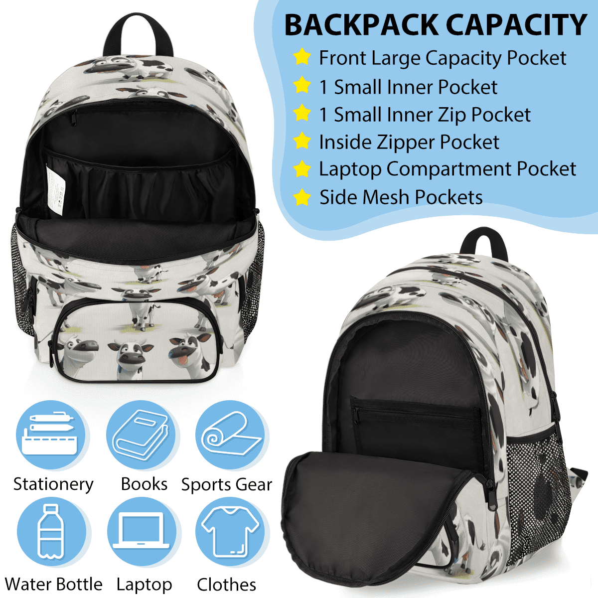Herdesigns Cow Farm Animal Large Backpack Set with Lunch Box Lightweight Water Resistant Travel Laptop Backpacks Casual Daypacks for Women Men