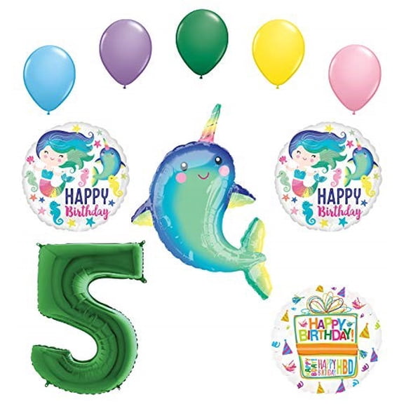 Mayflower Products Mermaid and Narwhal Party Supplies 5th Birthday Balloon Bouquet Decorations