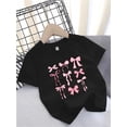 thumbnail image 1 of Bonita camiseta de algodón con estampado de lazo para niña: manga corta, cuello redondo, tejido elástico, color negro con lazo rosa, lavable a máquina, ideal para primavera/verano. Ropa para niña., 1 of 7