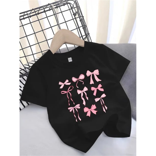 Cute Bow Print Cotton T-Shirt for Girls - Short Sleeves, Round Neck, Stretch Knit Fabric, Black with Bow Design, Machine Washable, Suitable for Spring/ Summer, Youth Girl Clothing