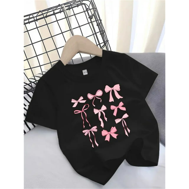 T-Shirt en Coton avec Imprimé Nœud Mignon pour Filles - Manches Courtes, Col Rond, Tissu Extensible, Noir avec Nœud Rose, Lavable en Machine, Adapté pour Printemps/été, Vêtements pour Jeunes Filles