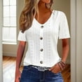 thumbnail image 2 of CUZIBR Women Casual Shirt Solid Color Hollow Out Jacquard Short Sleeve Button V-Neckt Shirt Soft Basic Tee Trendy Spring Summer Comfort Fit Breathable Elegant Tops Casual Top Blouse,White,L, 2 of 8