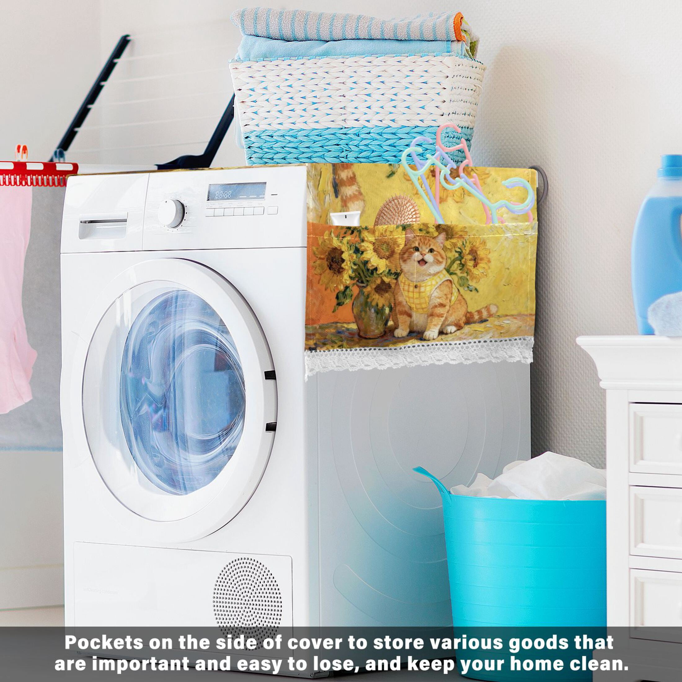 Wobogo Sunflower Fluffy Cat Washing Machine Cover Dustproof Washer Dryer Cover Waterproof Laundry Room Decorative Protector