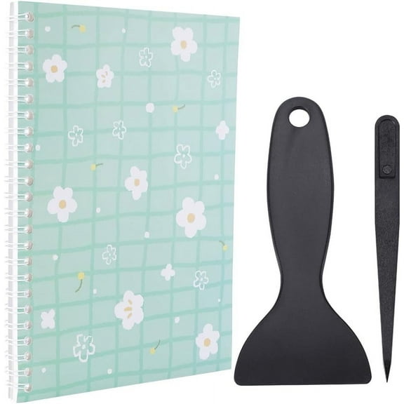 Reusable Sticker Book Collecting Album with Tweezer and Scraper A5 Size Stickers Keeper Holder Organizer Green Flower 32 Sheets Plastic Cover Collection Blank Release Paper for Storage Labels for DIY