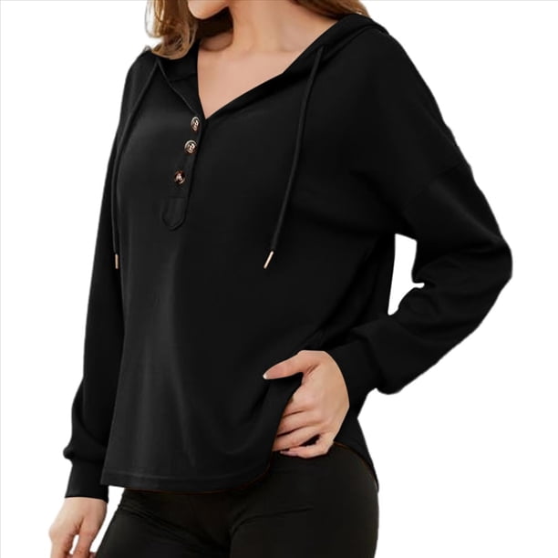 Sudadera con Capucha para Mujer, Cuello Abotonado, Cordón Ajustable, Sudadera Informal de Larga, Camisetas. Negro M