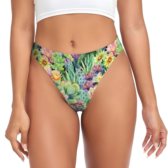 Fotbe Watercolor Blooming Cactus Tanga Sin Costuras para Mujer con Estampado – Panties Invisibles, Transpirables y Cómodos para Uso Diario-Small