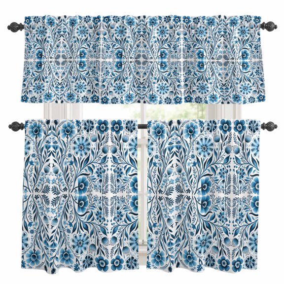 Blue Boho Kitchen Curtains Sets for Windows 24 Inch Length, Ethnic Tribal Floral Abstract Art Aesthetics Rod Pocket Window Treatments Tier Curtains and Valances Set for Bedroom/Bathroom