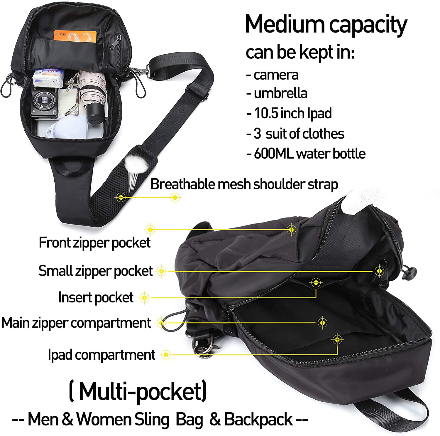 Small Sling Backpack Waterproof Sling Bag One Shoulder Crossbody Backpack  Bag for Men & Women - Black - C41870E0EHR
