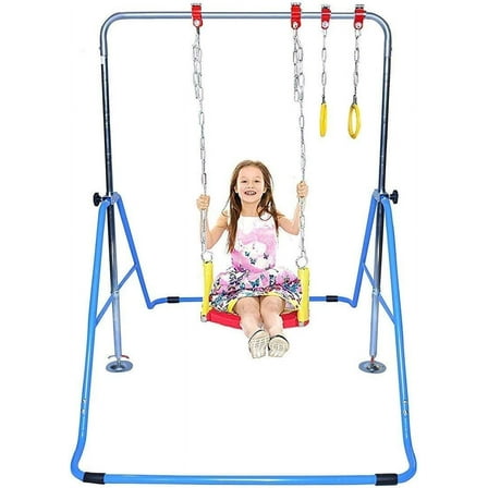 Kids Jungle Gym 3 in 1 Gymnastics Monkey Bar Deluxe Swing Set, Trapeze Rings, Adjustable Horizontal Climb Tower Junior Training Blue