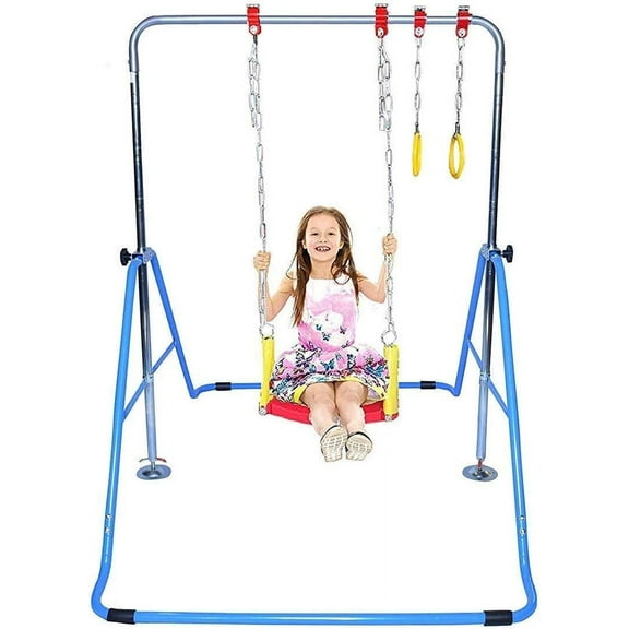 Kids Jungle Gym 3 in 1 Gymnastics Monkey Bar Deluxe Swing Set, Trapeze Rings, Adjustable Horizontal Climb Tower Junior Training Blue