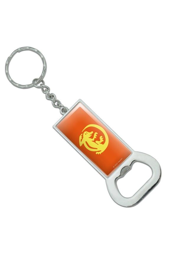 Hidden Temple Orange Iguanas Keychain Rectangle Chrome Plated Metal Bottle Cap Opener