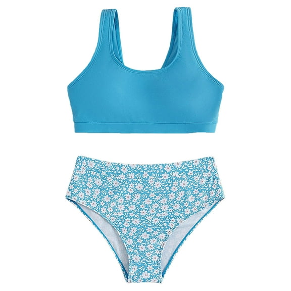 Tiweut Cute Swimsuits for Teen Girls Tankini Bathing Suit 2 Piece Floral Print Bikini Set Swimwear,Blue