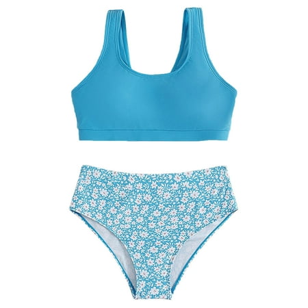 

Gubotare Toddler Girl 2 Piece Swimsuit Sport Floral Prints High Waist Bikini Set Swimwear Beach Cute Bathing Suits Preteens Blue 8-9 Years