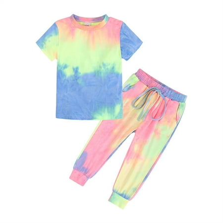 

Hunpta Kids Toddler Boy Girls Clothes Sports Casual Tie Dye Prints Short Sleeves T Shirt Elastic Waist Pants Set Outfit
