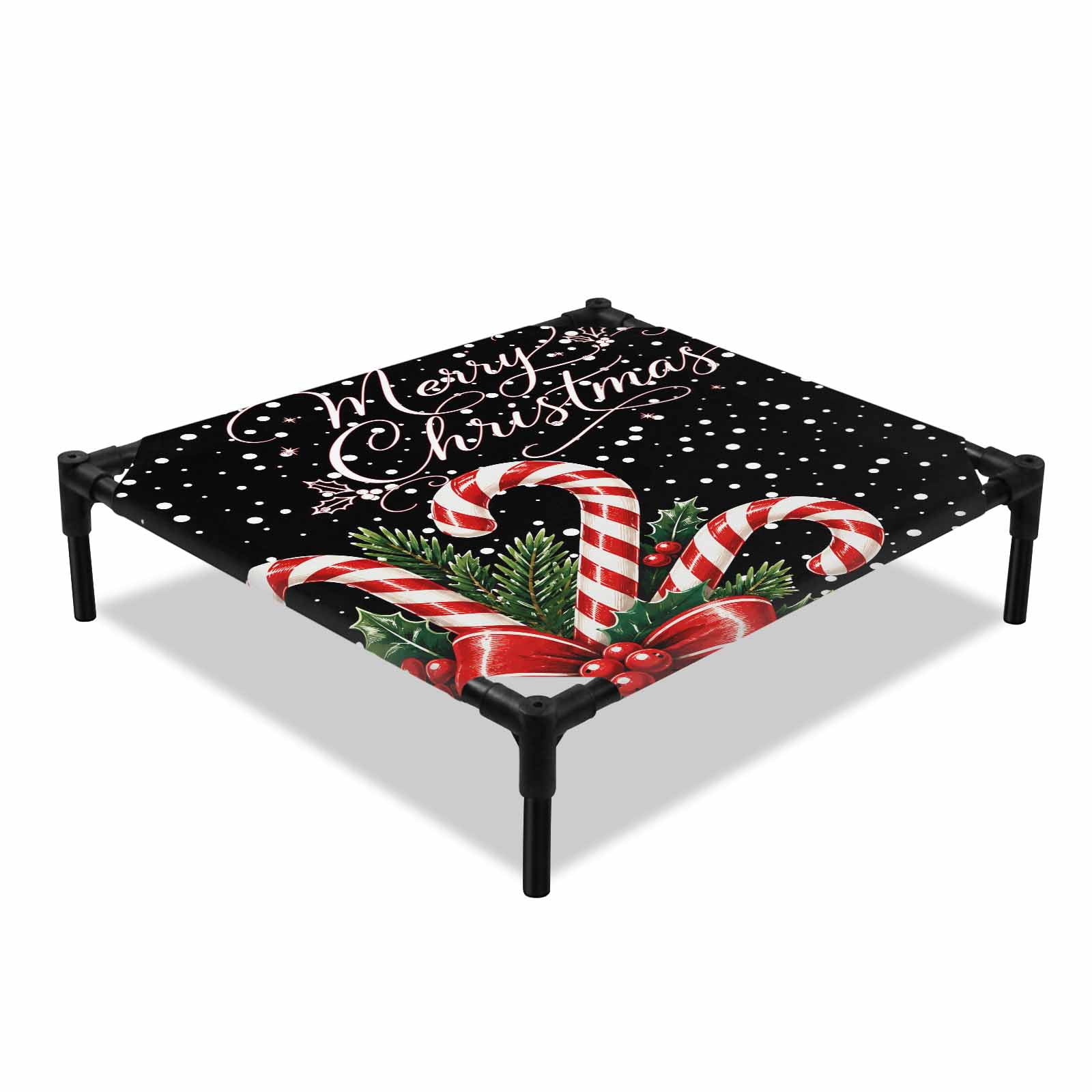 Merry Christmas Elevated Dog Bed Black Winter Red Candy Berry Green Pine Colorful Dots Cooling Breathable Outdoor Raised Dog Cot Bed with Metal Frame Non-Slip Feet for Small Dog 20x20in