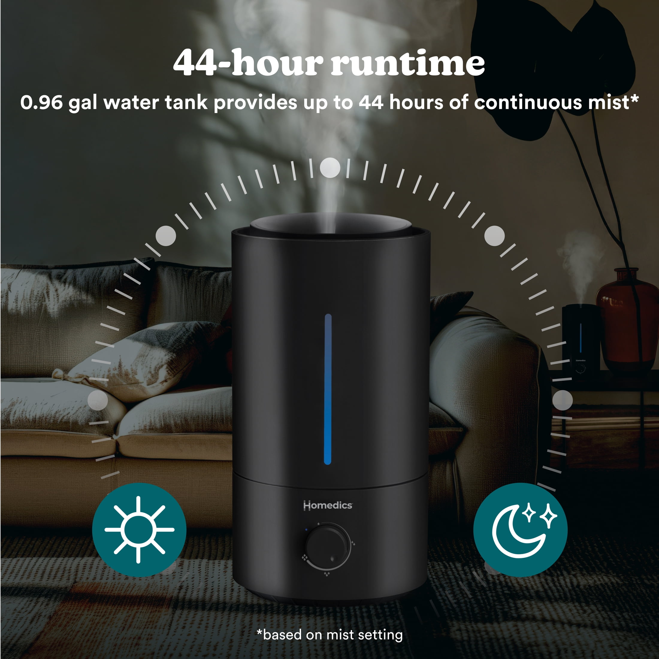 Homedics Ultrasonic Humidifier, Cool Mist, Easy Top Fill with up to 44 Hour Run Time, .96 Gallon, Black