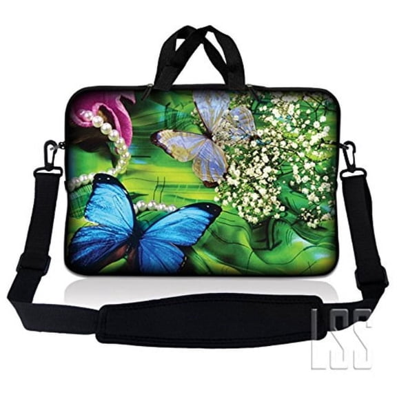 LSS 15.6 inch Laptop Sleeve Bag Compatible with Acer, Asus, Dell, HP, Sony, MacBook, Carrying Case Pouch w/ Handle & Adjustable Shoulder Strap - Butterfly Floral