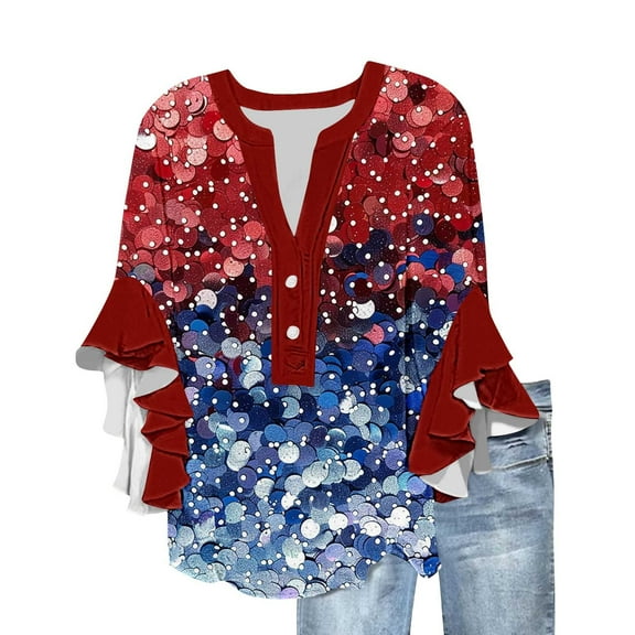 Womens 3/4 Length Sleeve Tee Independence Day Patriotic T-Shirts Henley Neck Tee Shirts Pleated Flowing Hem T-Shirt American Flag Printed Tunic Blouses Light Breathable T Shirts Beach Vacation outfit