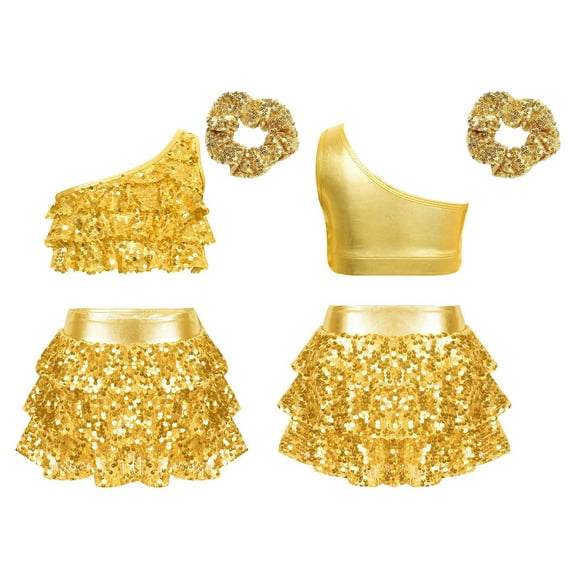 CHICTRY Kids Girls Sequin Metallic Jazz Modern Latin Dance Crop Top with Skirt Hair Band Set Gold 14