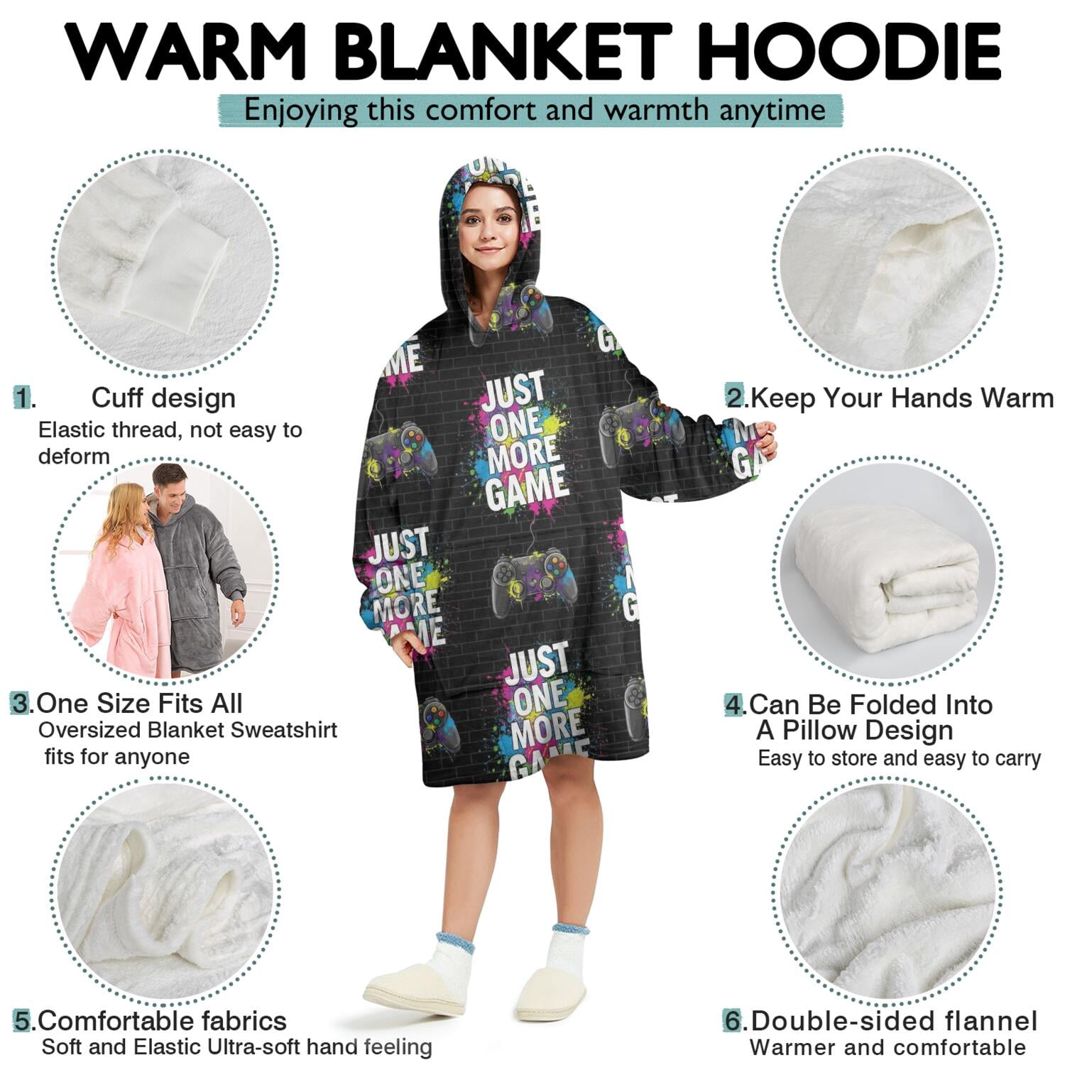 Wearable Oversized Blanket,Colorful Text Games Black Pattern Wearable Blanket Hoodie for Adults,Cozy Hooded Blankets with Super Pockets,Super Warm Fuzzy Pullover for Women & Men